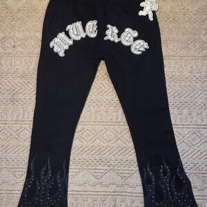 Hasta Muerte Flame Sweatpants Black 2XL NWT (Rhinestone Detail)